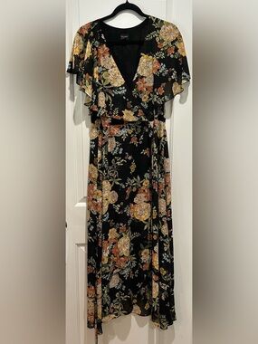 free press Black Floral Wrap Maxi Dress with sheer Ruffled Sleeves